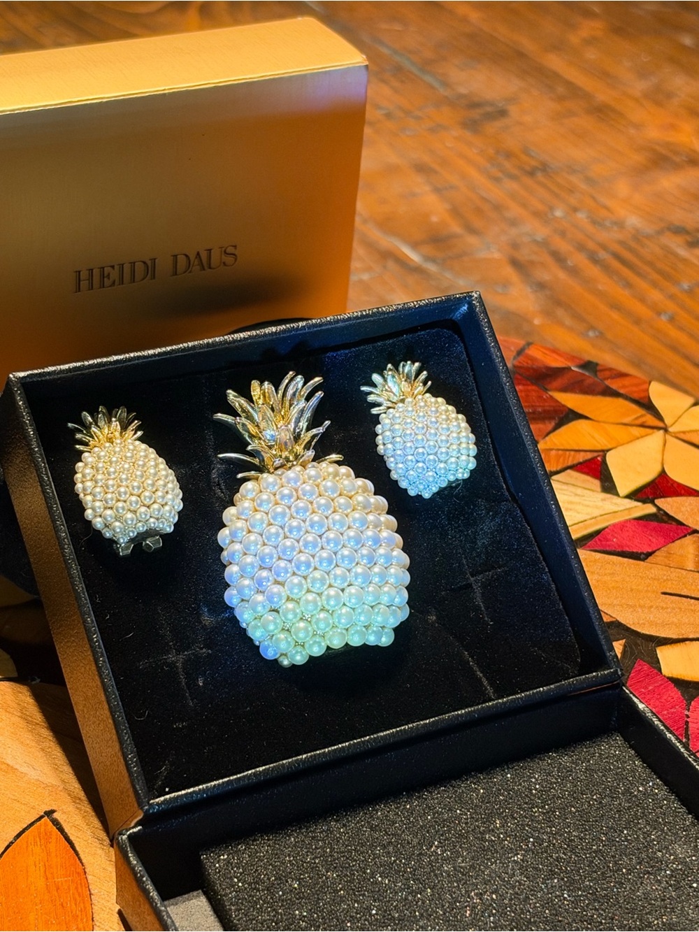 Heidi Daus Gold-Tone Pineapple Brooch & Earrings with Pearlescent White Beads